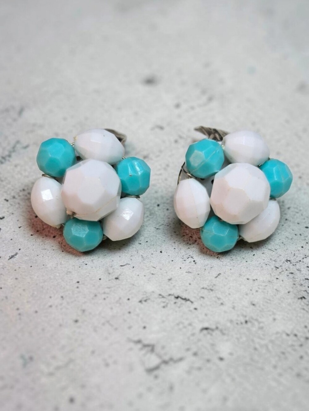 West Germany Vintage White and Turquoise Beaded Cluster Clip-On Earrings